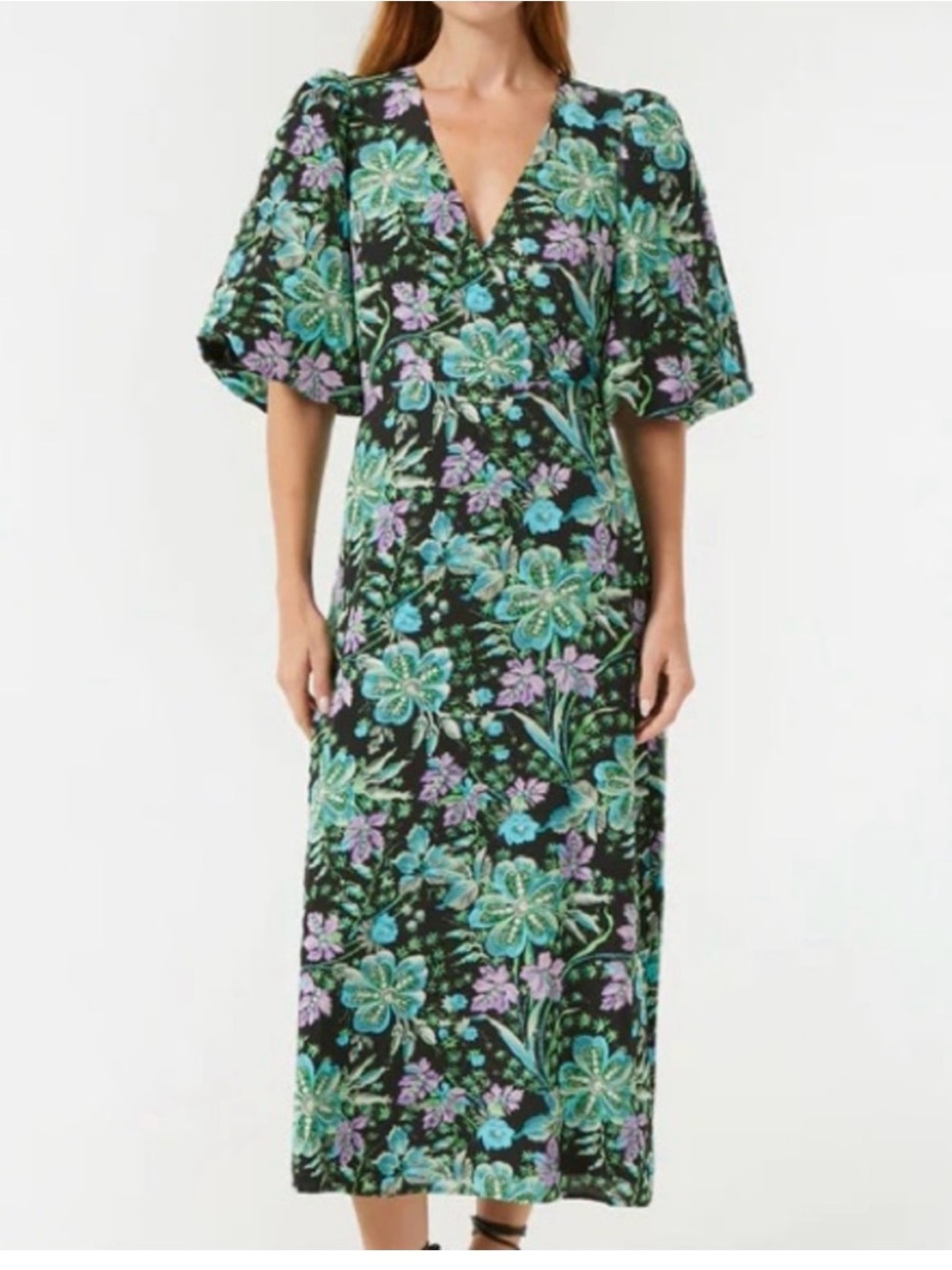 RHODE Ina Dress Hibiscus Black Green Floral Print Midi Vneck Viscose Size 10